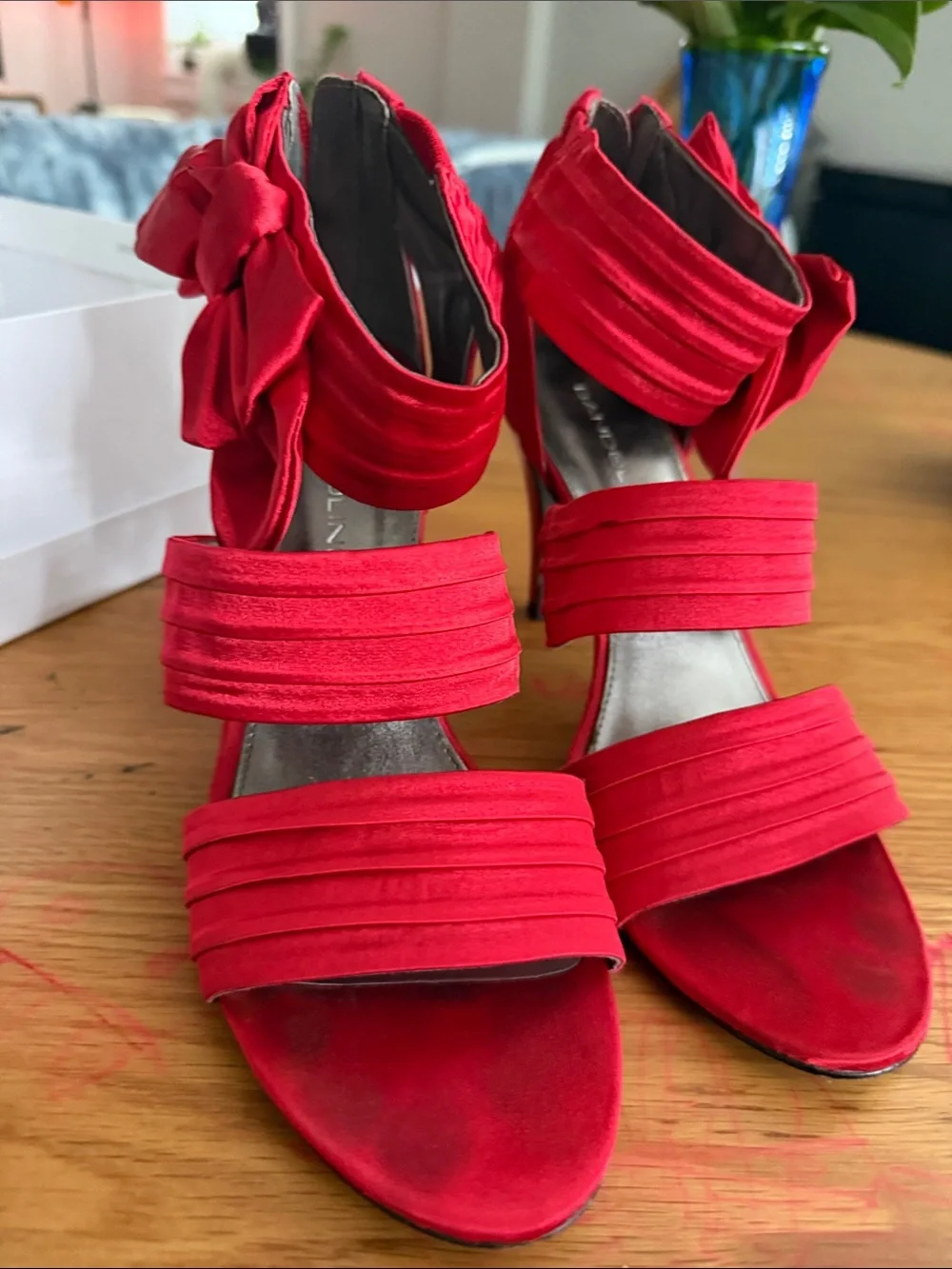 Bandolino Red Satin Bow Strappy High Heels